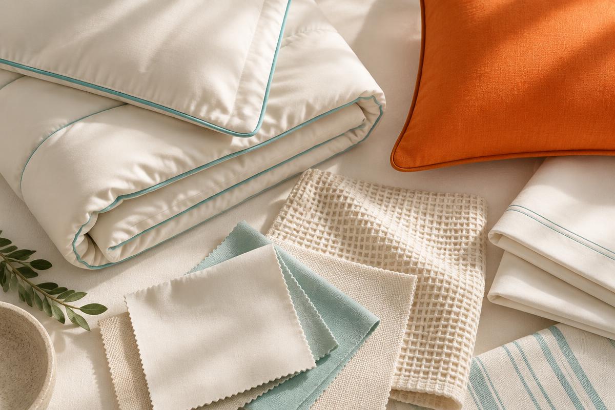 Layered ivory bedding with aqua piping, citrus cushion, and textile swatches